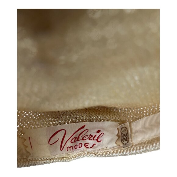 Vintage 1950s Valerie Modes Women’s Hat 22.5 Cream Straw Veil Bow 8” Prop - Picture 6 of 6